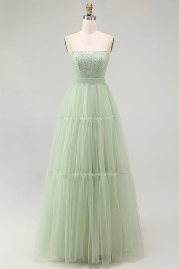 Green A Line Beaded Tulle Corset Long Prom Dress with Lace Up Back
